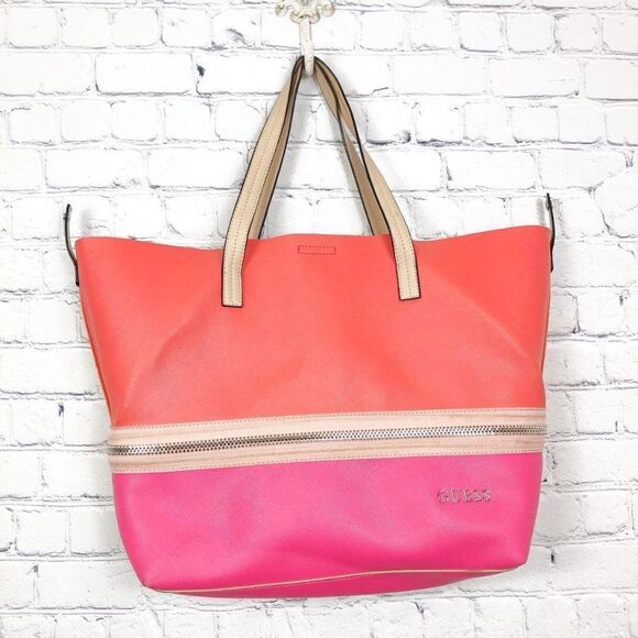Guess Colorblock Pink Orange Faux Leather Zipper Tote Bag - Picture 8 of 9